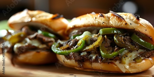 Traditional Philly Cheesesteak: Ribeye, Pickles, Green Peppers, Onions, Provolone in a Crisp Roll. Concept Cheesesteak Ingredients, Philly Sandwich, Ribeye Steak, Provolone Cheese, Crisp Roll