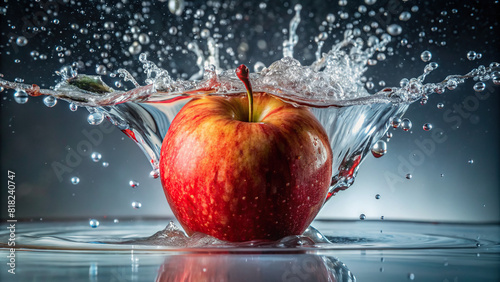 A close-up shot of a splash formed by a falling apple into water, highlighting the crispness of the fruit 