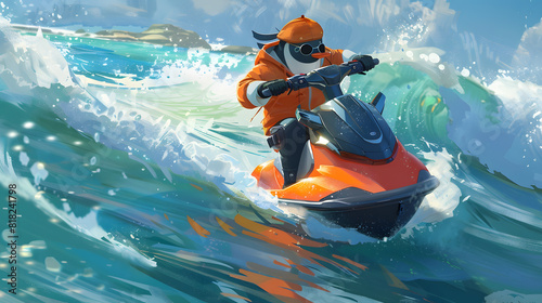 Penguin riding a jet ski jumping into the ocean surrounded by waves and beach vibes