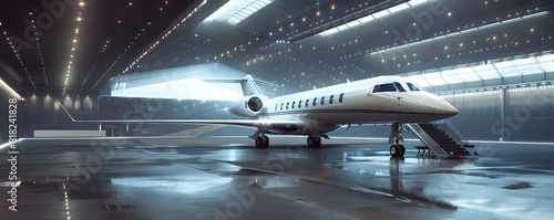 Luxury private jet in a modern hangar