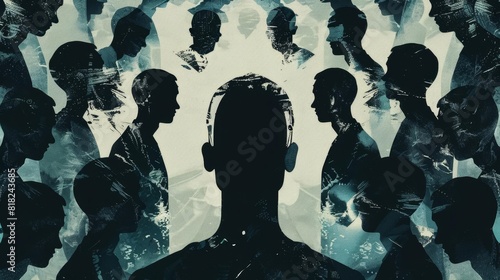 thoughtprovoking illustration explores media manipulation and crowd psychology dark silhouette surrounded by faceless figures concept illustration
