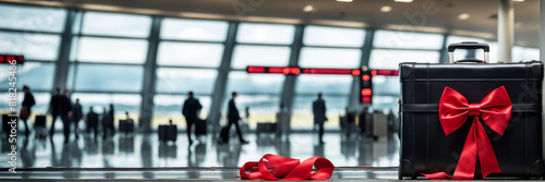 Travel advertising banner. A black suitcase decorated with an elegant red bow, against the background of a busy airport terminal.