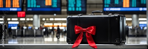 Travel advertising banner. A black suitcase decorated with an elegant red bow, against the background of a busy airport terminal.