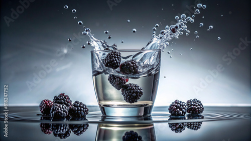 A handful of refreshing blackberries is dropped into a glass of water, creating elegant ripples and splashes against a minimalist background