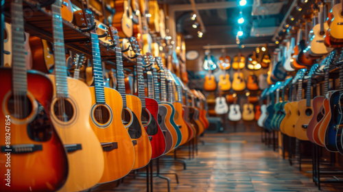 Interior view of a music store displaying an array of acoustic and electric guitars hanging, showcasing variety and choice.
