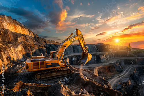 Excavator at quarry during sunset