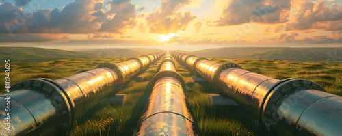 Sunset over pipeline in picturesque field