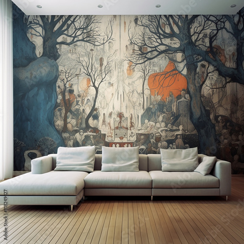 Living room interior with a white sofa and an abstract painting on the wall