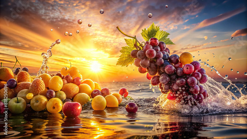 An artistic depiction of assorted fruits, such as ripe grapes and tangy oranges, being dropped into water, sending vibrant splashes against a background of a golden sunrise peeking over the horizon