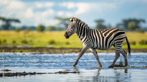 Zebra walking in shallow water in the Serengeti National Park, Tanzania