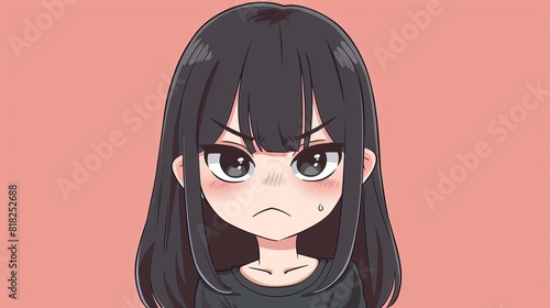 cute chibi anime girl with cranky expression on solid color background digital illustration