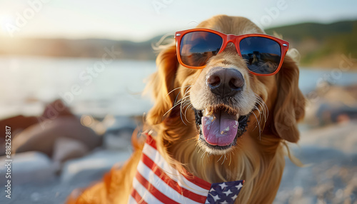A dog wearing sunglasses and a red bandana with the American flag on it