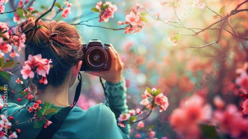 The picture of the adult photographer holding the camera to take the photo of the nature that surrounded by the tree under the daylight of the daytime of the spring or summer time of the year. AIG43.