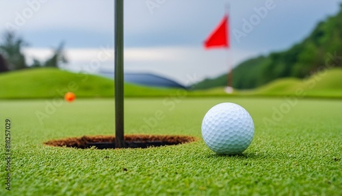 White golf ball almost falling in to hole in one