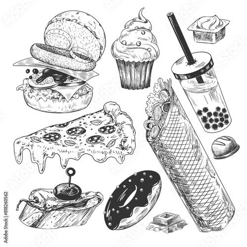 Set of fast food. Sketch style shawarma, bubble tea, pizza, burger, chocolate, donut, cupcake, tapas. Hand drawn collection of street food isolated in white background