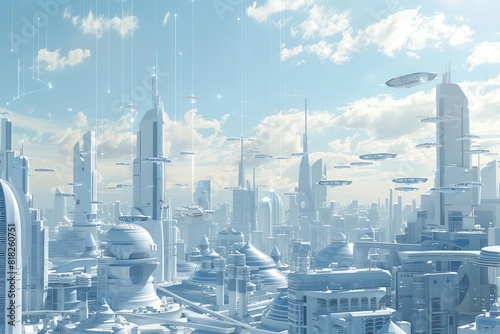 sleek 3d rendering of futuristic city with flying cars and towering skyscrapers scifi digital illustration