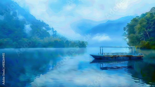 vibrant blue pontoon boat floating on tranquil lake serene lakeside landscape digital painting
