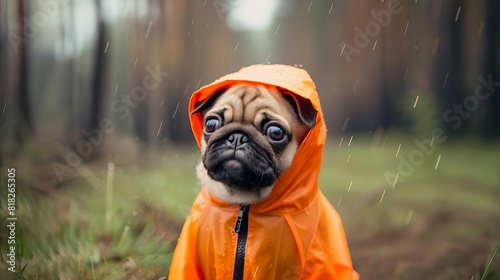 adorable baby pug wearing a bright orange raincoat on a rainy day heartwarming and cute animal photography