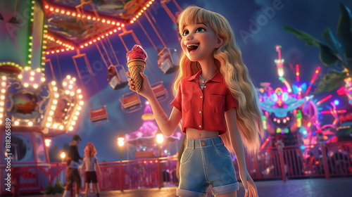 À noite, em um parque de diversões, uma menina de nove anos sorri animadamente enquanto saboreia uma casquinha de sorvete de morango