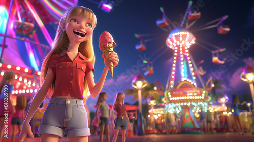 À noite, em um parque de diversões, uma menina de nove anos sorri animadamente enquanto saboreia uma casquinha de sorvete de morango