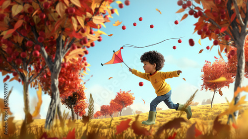 Numa tarde de outono, no meio de um pomar de macieiras carregados de frutos vermelhos, um menino de seis anos brinca despreocupado
