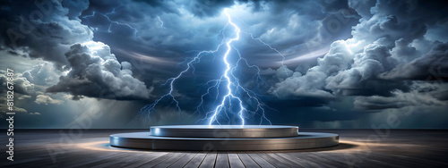 Generative ai. A metallic, circular platform sits under a dark, stormy sky, with multiple bolts of lightning striking down around it. The scene exudes a sense of power and drama