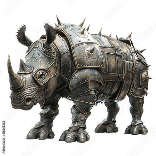 A detailed and realistic illustration of a mechanical rhinoceros, armored and designed with intricate metal plating and spikes.