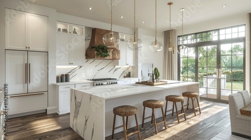 A large kitchen with a marble countertop and wooden cabinets. The kitchen is well lit and has a modern feel