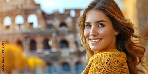 Joyful Woman in Her s Poses in a Cozy Sweater at Rome's Colosseum. Concept Travel Photography, Rome, Cozy Sweater, Colosseum, Joyful Poses