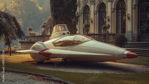 Retro-Futuristic Hover Car by an Italian Villa - GENERATIVE AI