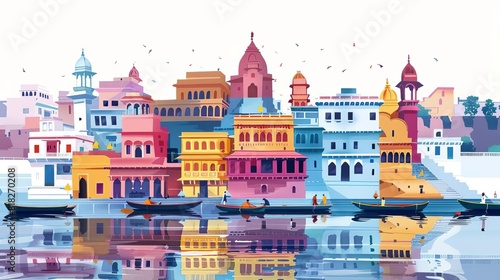 vibrant ghat scene in varanasi india colorful traditional architecture illustration