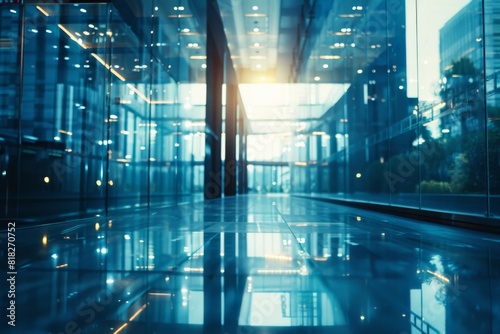 Blurry shot of a modern glass office interior corridor with reflections and overexposed light creating a futuristic look