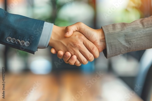 Two professionals in suits shaking hands firmly, likely concluding a deal or partnership with a blurred office setting