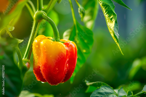A red and yellow pepper growing on a plant