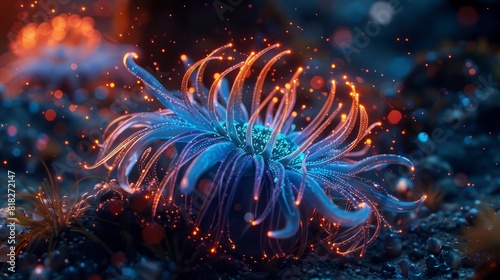 bioluminescent sea anemone stunning prey with electric shock photorealistic 3d render