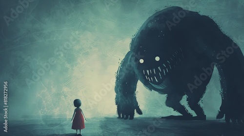 brave child confronting imaginary monster nightmares childhood psychology concept illustration