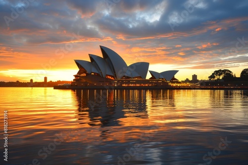 Sunset view of the Sydney Opera House with the harbor in the foreground, view of Sydney Opera House, AI generated