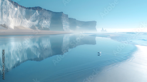 Coastal Reflections: A calming seascape with subtle sunbeam, sandy beach, and dramatic cliffs