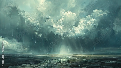 rain cloud, painted in soft shades of gray and silver, as it releases droplets of nourishing rain upon parched earth below