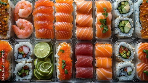 Assorted sushi rolls and sashimi in a takeout container, featuring salmon, tuna, shrimp, avocado, and cucumber, neatly arranged for a delicious meal.