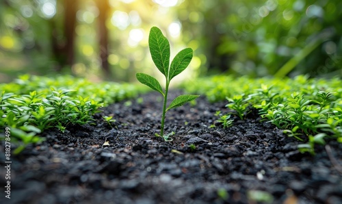 Young plant growing in soil with blurry green vegetation background, depicting the concept of nature, growth, and sustainability.