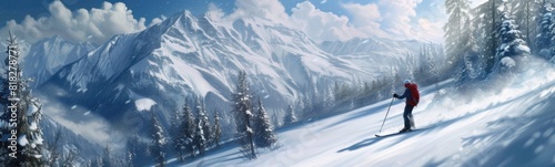 Skier on a snowy mountain slope with trees and snow