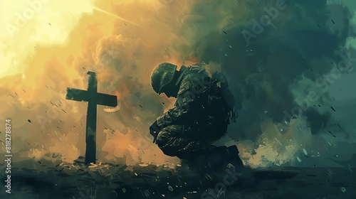 christian soldier kneeling in prayer with cross spiritual warfare concept digital painting