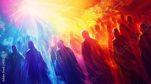 pentecost the descent of the holy spirit on the apostles vibrant digital illustration with glowing light rays