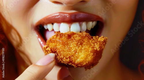 A woman is eating a piece of fried chicken. Concept of indulgence and enjoyment, as the woman is savoring the crispy, golden-brown chicken. The close-up view of her mouth
