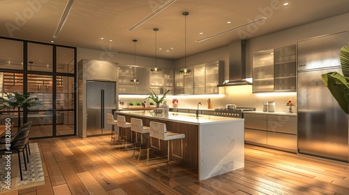 High-quality illustration of a modern kitchen with frosted glass cabinets and stainless steel fixtures