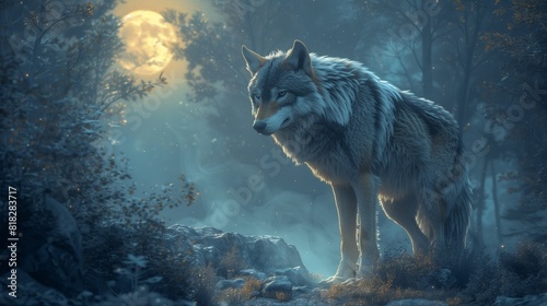 Mystic Wolf in Moonlit Forest - Hyper-Realistic 2D Illustration with Copy Space for Text. Ethereal Atmosphere with Glowing Moonlight. Cool Twilight Tones.