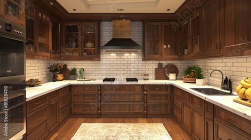 Modern kitchen interior showcasing dark wood cabinets, a white subway tile backsplash, and a large sink