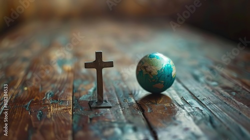 christian cross and earth globe on wooden floor conceptual image of world religion and faith