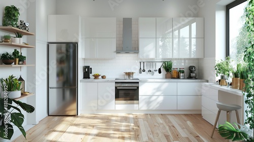 Modern kitchen interior with glossy white cabinets, stainless steel appliances, and a subway tile backsplash